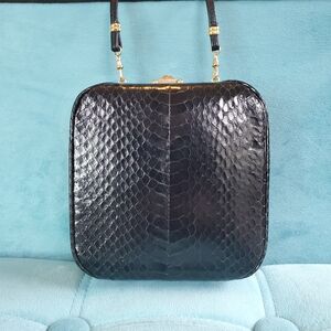 Resato Black Genuine Snake Skin Structured Shoulder Bag